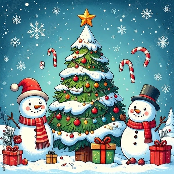 Fototapeta Festive illustration with snowmen, tree, presents, and falling snowflakes
