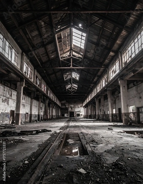 Obraz Dilapidated industrial building's interior with decayed roof and pillars
