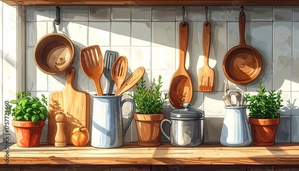 Fototapeta A cozy kitchen shelf, filled with cookware, herbs, and utensils