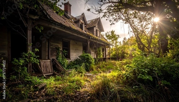 Obraz Dilapidated two-story house, overgrown with vegetation, sunlit