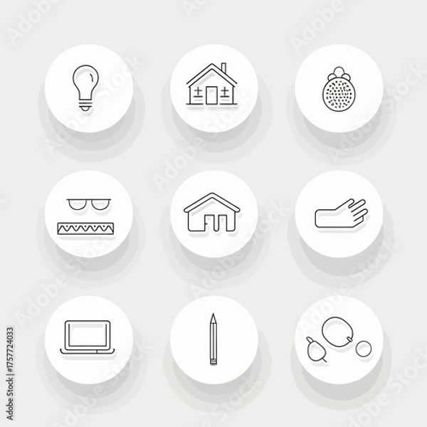 Obraz Nine white circles with outlined icons of various objects against a gray backdrop
