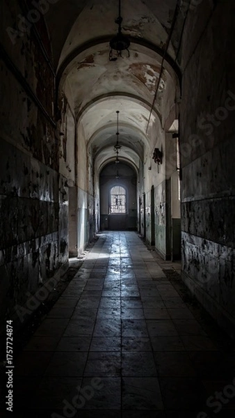 Obraz Dimly lit abandoned building interior with archway & light