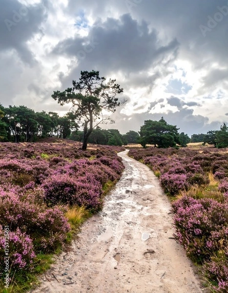 Obraz Dirt path meandering through a field of purple heather under a cloudy sky