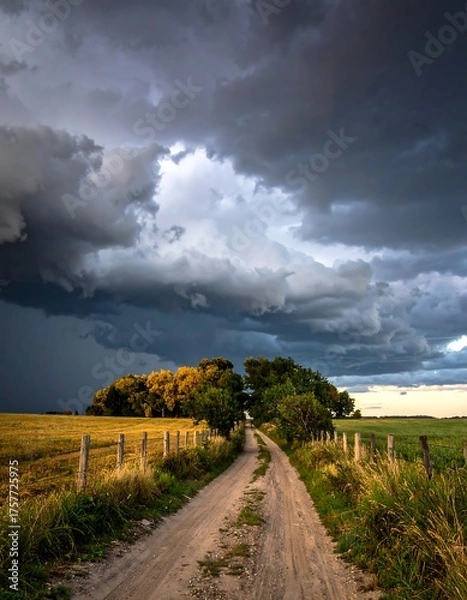 Obraz Dirt path through fields toward dark, stormy clouds overhead