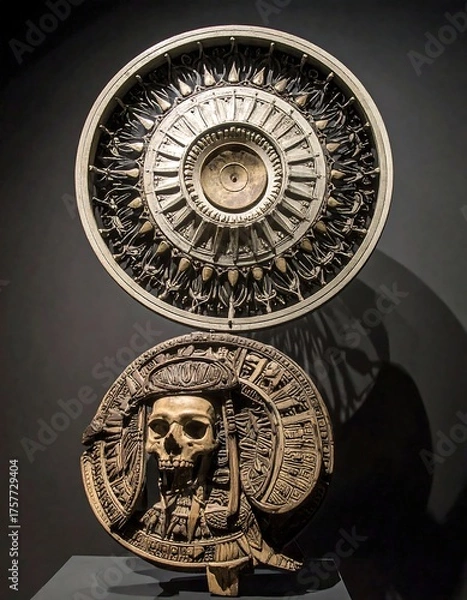 Obraz Display featuring two intricate circular sculptures with skulls and ornate designs