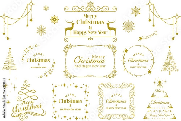 Obraz キラキラかわいい、クリスマスフレームのセット (  ビンテージ　冬　雪の結晶　見出し　タイトル　チラシ　セール　背景 )