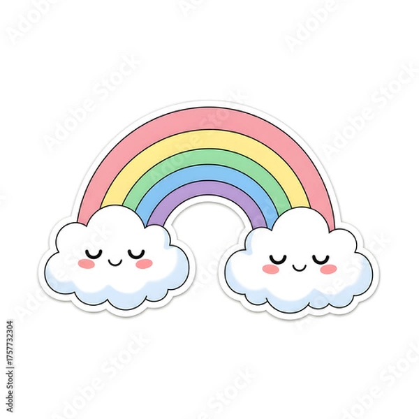 Obraz Cute cartoon illustration of a rainbow with fluffy clouds, smiling and happy.