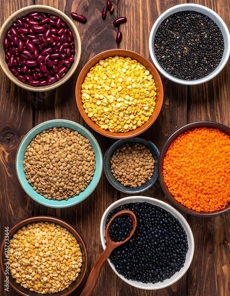 Obraz Diverse bowls of beans and lentils displayed on a rustic wooden surface