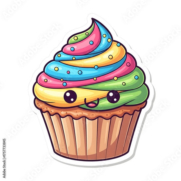 Obraz A cute and colorful cartoon cupcake with a happy face and sprinkles.