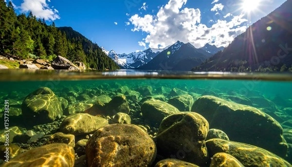 Obraz Divided scene Underwater view juxtaposed with mountain and sky landscape