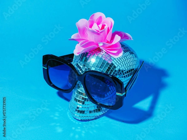 Fototapeta Party disco ball style scull with pink rose and large blue sunglasses on blue color background. Extravagant person concept.