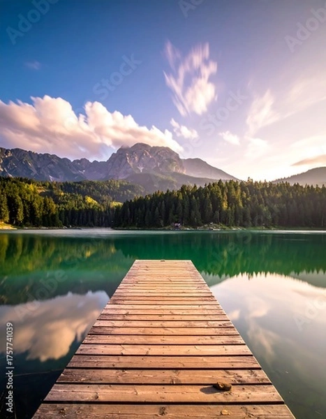 Obraz Dock extends into calm turquoise lake, with mountains and clouds in the background