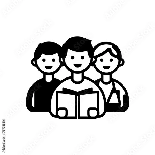 Fototapeta Three happy students reading a book together in black vector icon on transparent background