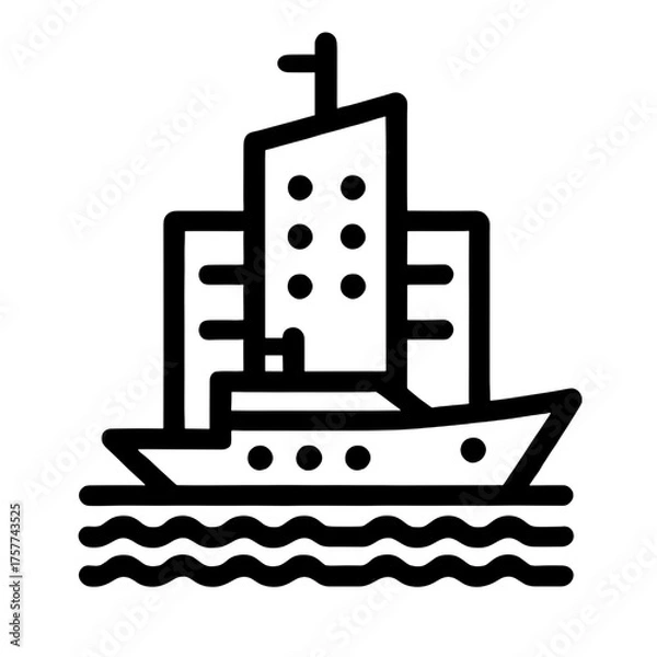 Fototapeta Vector icon of a ship with buildings by the water on a transparent background, representing transportation and urban life.