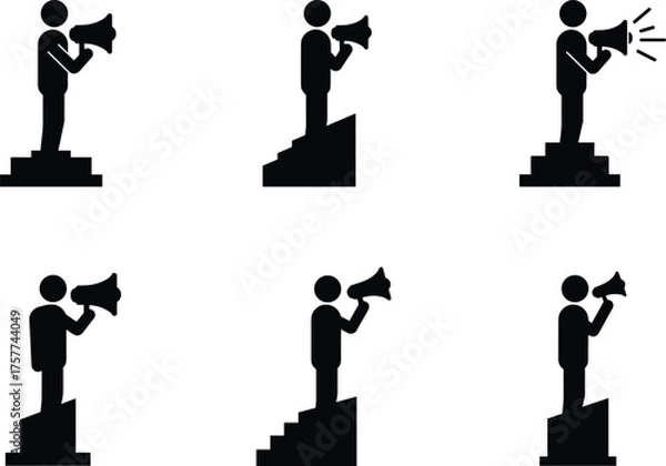 Fototapeta Silhouette podium speakers, megaphone communication icons, public announcement illustration, leadership concept design, protest rally artwork, vector art, cad drawing flat vector illustration