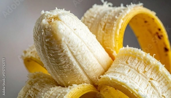 Fototapeta Macro photo of peeled banana, fruit, close up, zoom