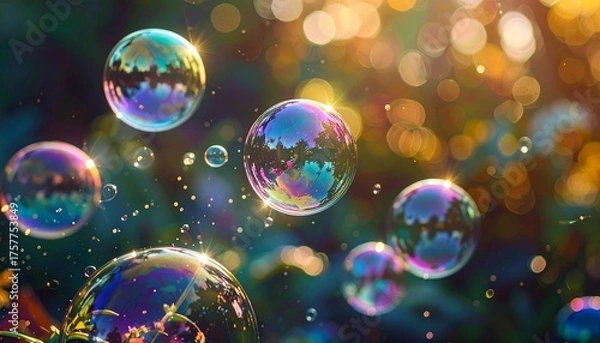 Fototapeta Macro photo of iridescent bubbles, zoom, close up