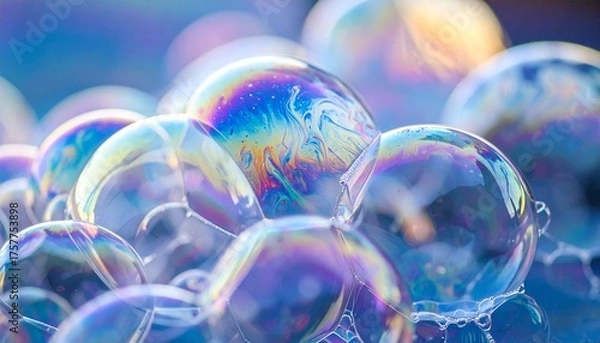 Fototapeta Macro photo of iridescent bubbles, zoom, close up