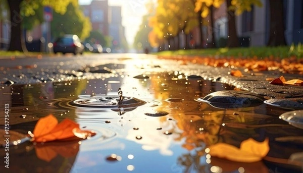 Fototapeta Macro photo of puddle on road, waterdrop, falling leaves, close up, zoom