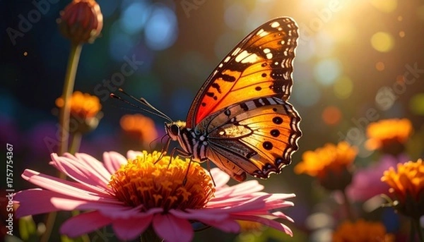 Fototapeta Macro photo of butterfly on flower collecting nectar, zoom, close up