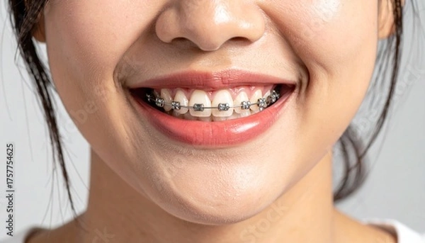 Fototapeta Macro photo of woman's smile, open mouth, braces