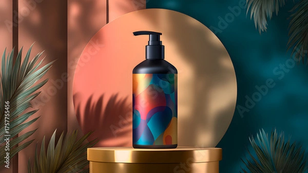 Fototapeta Modern cosmetic bottle mockup on golden stand with abstract label design vibrant colors