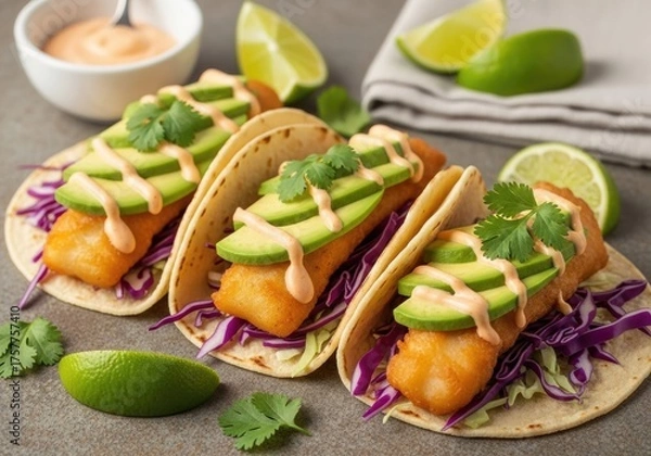 Fototapeta Crispy Beer-Battered Fish Tacos with Avocado, Purple Cabbage Slaw & Lime — Close-Up