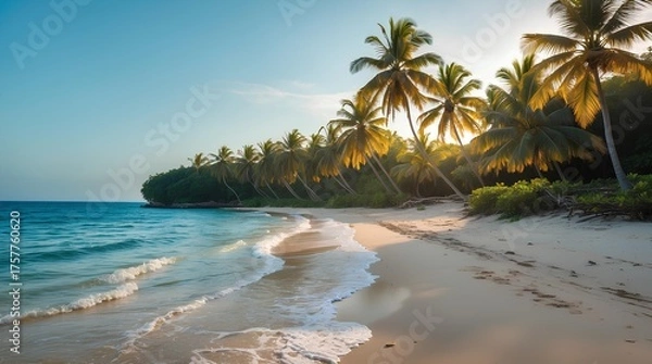 Fototapeta a calm shoreline, surrounded by lush palm trees