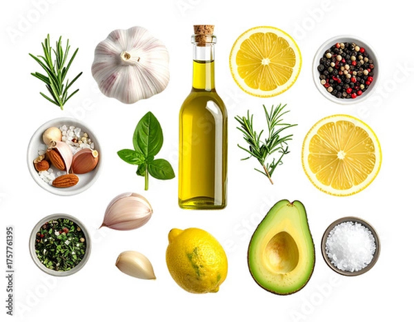 Fototapeta Olive oil bottle with herbs and citrus isolated on transparent background