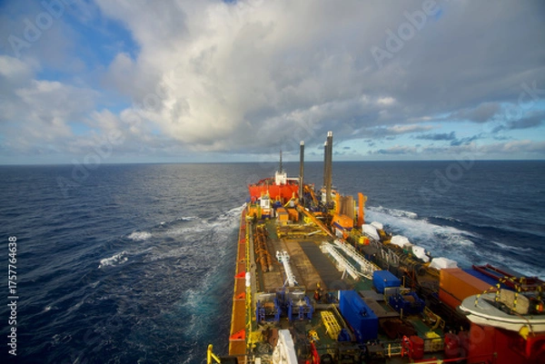Obraz A semi-submersible heavy lift ship underway at sea under dramatic sky