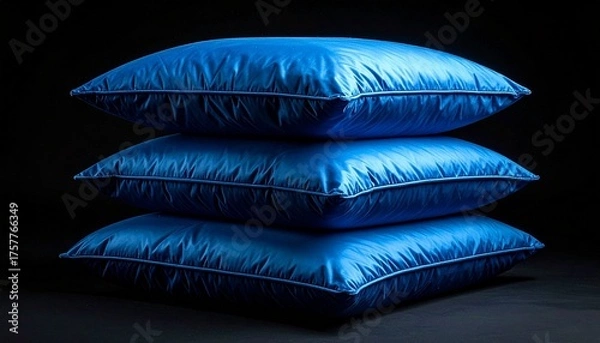 Fototapeta Three glossy blue satin pillows stacked neatly against a dark background