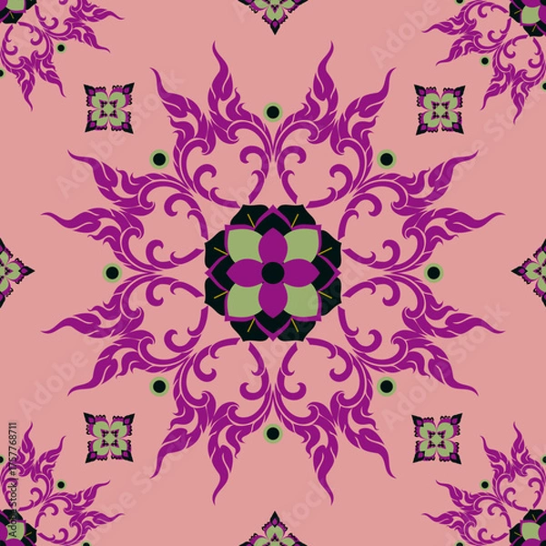 Fototapeta Thai Traditional Floral Vector Pattern in Pink and Purple Tones
