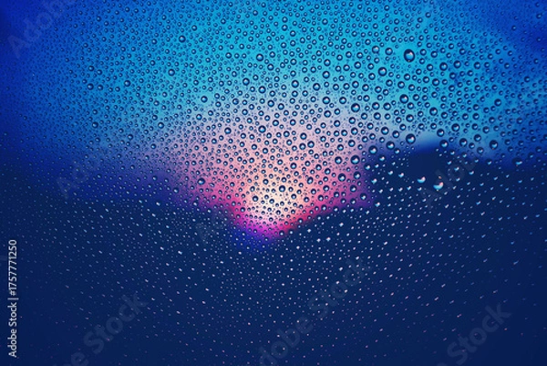 Obraz 水滴のついた窓越しの青い風景　夕暮れ　エモーショナル　ノスタルジック　雨上がり　湿気　背景