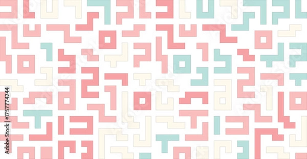 Fototapeta Abstract geometric seamless pattern with pastel pink, blue, and cream blocky shapes on a white background.
