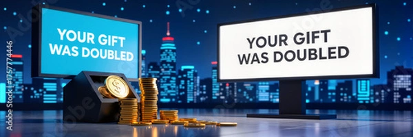 Obraz Animated coin stack entering virtual donation slot on digital billboard, set against stylized city night scene, Giving Tuesday concept.