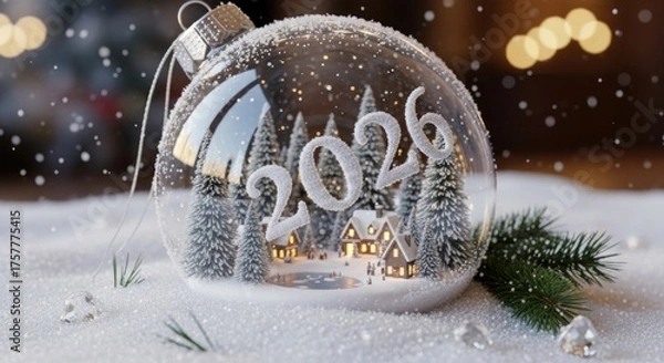 Fototapeta A snow globe depicts a winter scene with the year 2026 inside, festive and charming