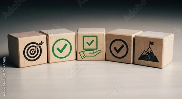 Fototapeta play blocks spell out the word, Wooden Blocks with Goal and Success Icons — Minimalist Symbols of Achievement, Validation, and Responsibility