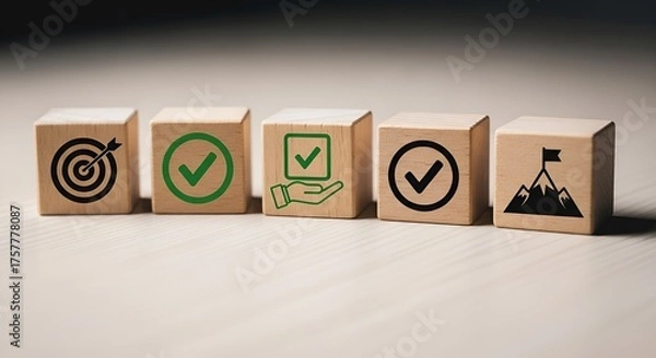 Fototapeta Wooden Blocks with Goal and Success Icons — Minimalist Symbols of Achievement, Validation, and Responsibility