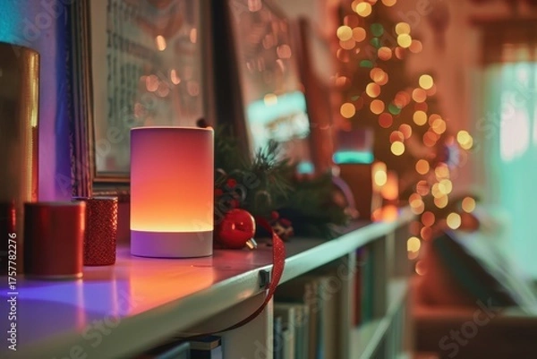 Obraz Smart Home Device with Christmas Lighting in Cozy Living Room