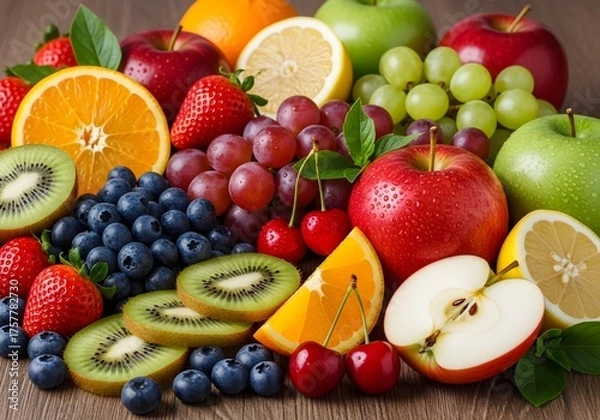 Fototapeta fruits and vegetables, Colorful Assortment of Fresh Fruits with Water Droplets — Vibrant Display of Natural Texture, Nutrition, and Seasonal Beauty