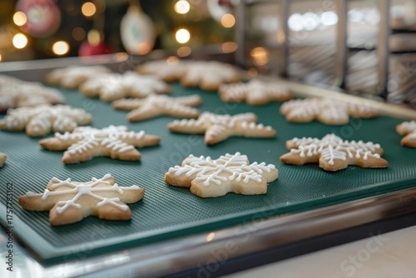 Fototapeta Snowflake Christmas Cookies on Baking Mat