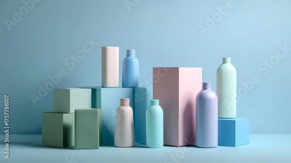 Fototapeta Colorful bottles arranged on geometric blocks for vibrant product display and cosmetic packaging branding visuals