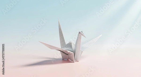 Fototapeta Origami paper crane isolated on clean pastel background, Japanese minimalist aesthetic