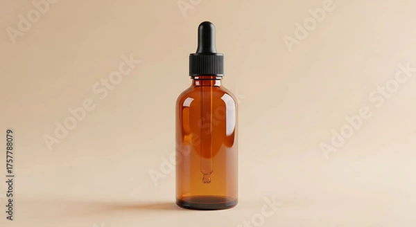 Fototapeta Empty amber glass bottle with dropper, isolated on beige background, skincare mockup