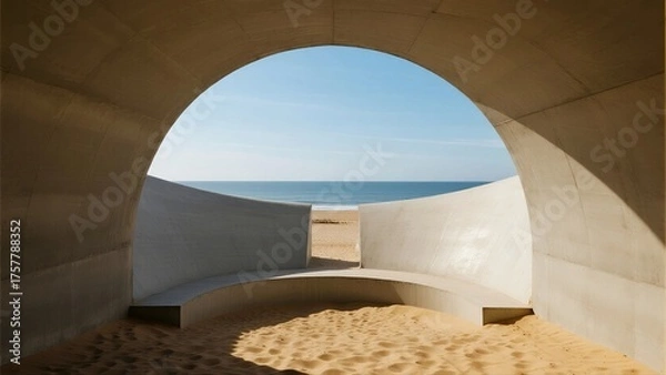 Fototapeta An arched concrete structure with sand inside, offering a view of the beach and ocean under clear sky.