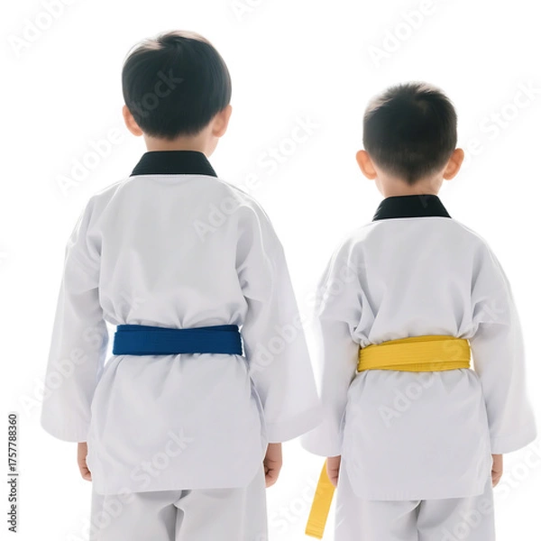 Fototapeta Two children in white taekwondo uniforms with black collars and different colored belts standing back to back.