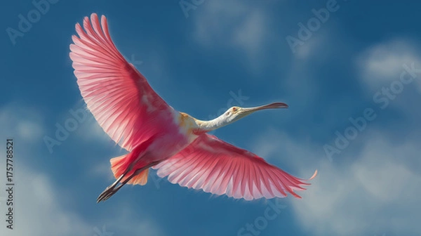 Obraz Roseate spoonbill in flight under blue skies