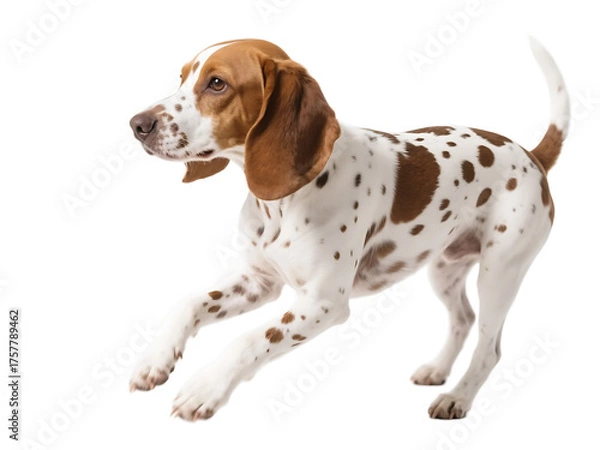 Fototapeta A white dog with brown spots is in a running pose, showing an alert and lively expression.