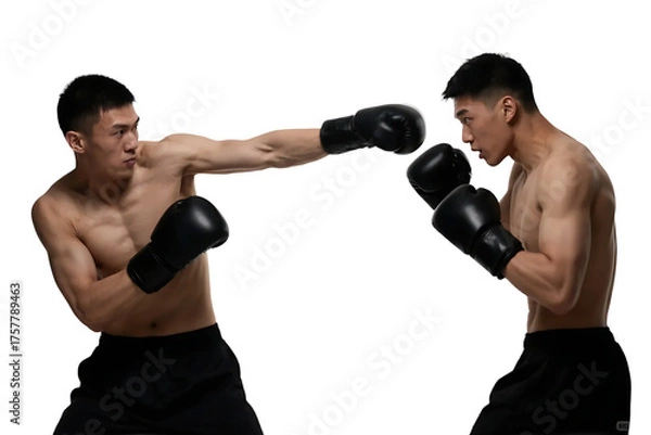 Fototapeta Two boxers in black gloves are engaged in a boxing match, showcasing physical combat and athleticism.
