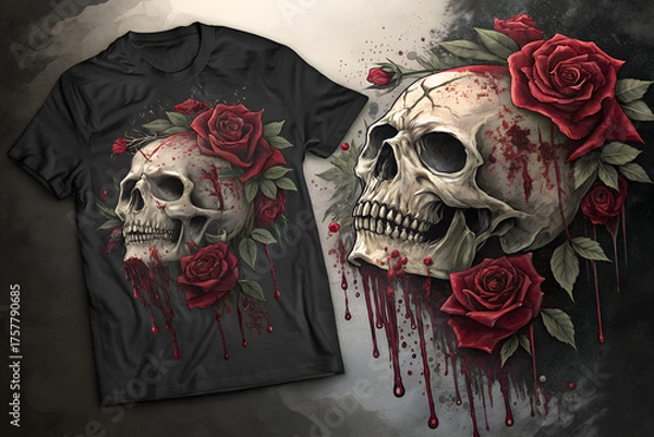 Fototapeta A realistic skull with red roses and dripping blood with black t-shirt Halloween design for print , vector art, illustration art 